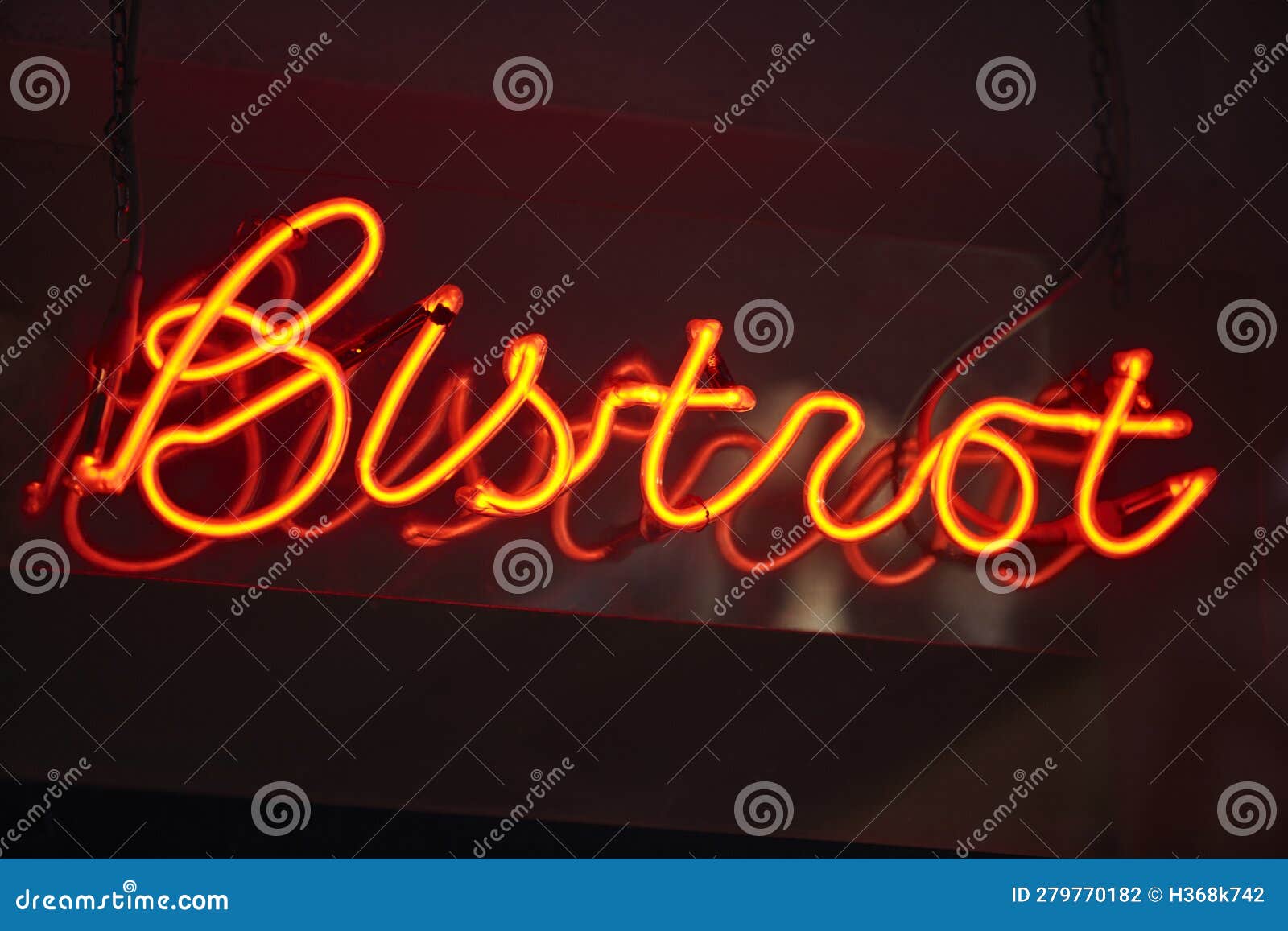 bistrot neon light by night. traditional french brasserie. france