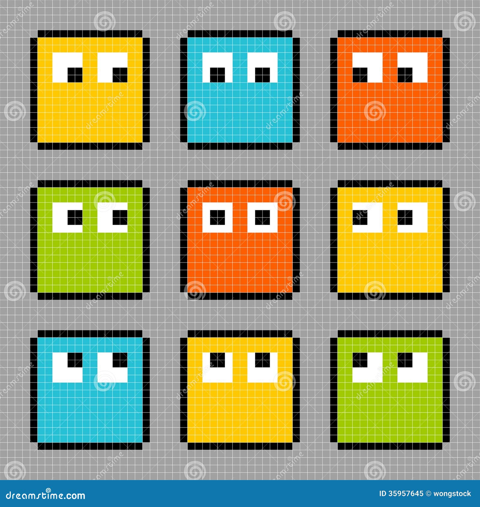 8bit Pixel Block Characters Looking In Different Directions Stock
