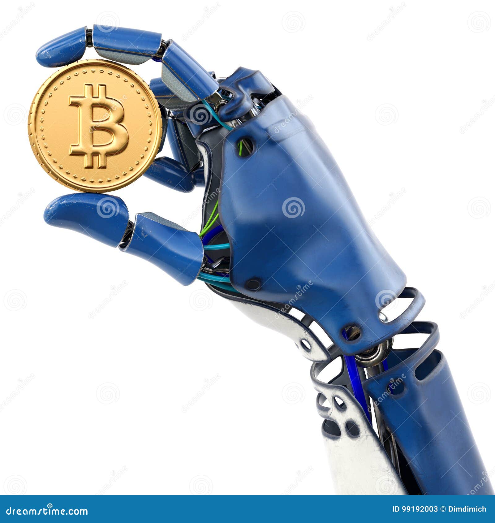 Hand för robot` som s rymmer guld- Bitcoin isolerad på vit bakgrund framförande 3d
