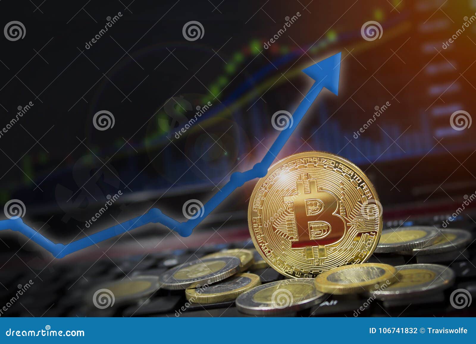 bitcoin arrow up for increasing value and financial upswing concept. gains and success in crypto bitcoin investments. copy space