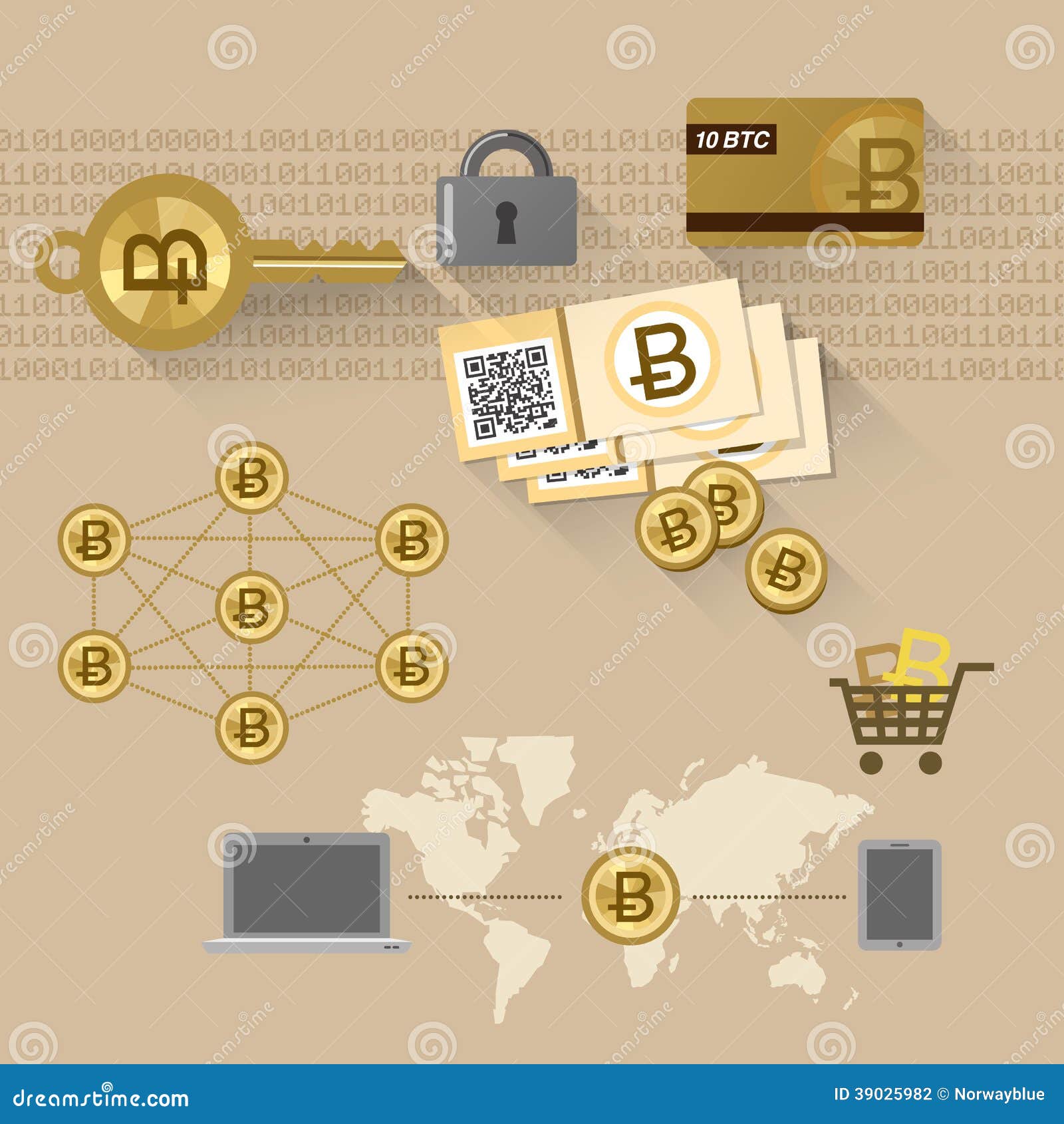 Bitcoin-bezogene Artikel – P2P-System, Sicherer Schlüssel Vektor Abbildung  - Illustration von code, geheimnis: 39025982