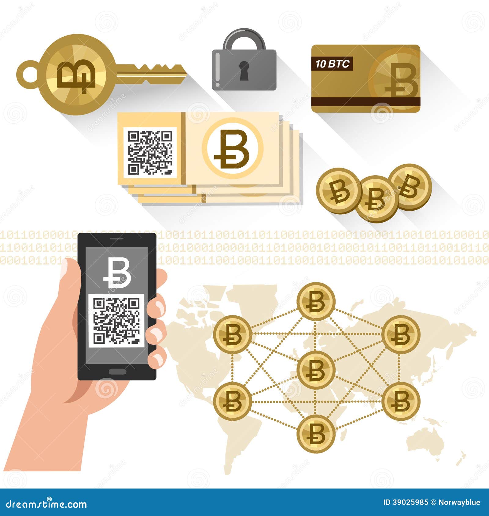 Bitcoin-bezogene Artikel – P2P-System, Sicherer Schlüssel Vektor Abbildung  - Illustration von blicken, elektronisch: 39025985