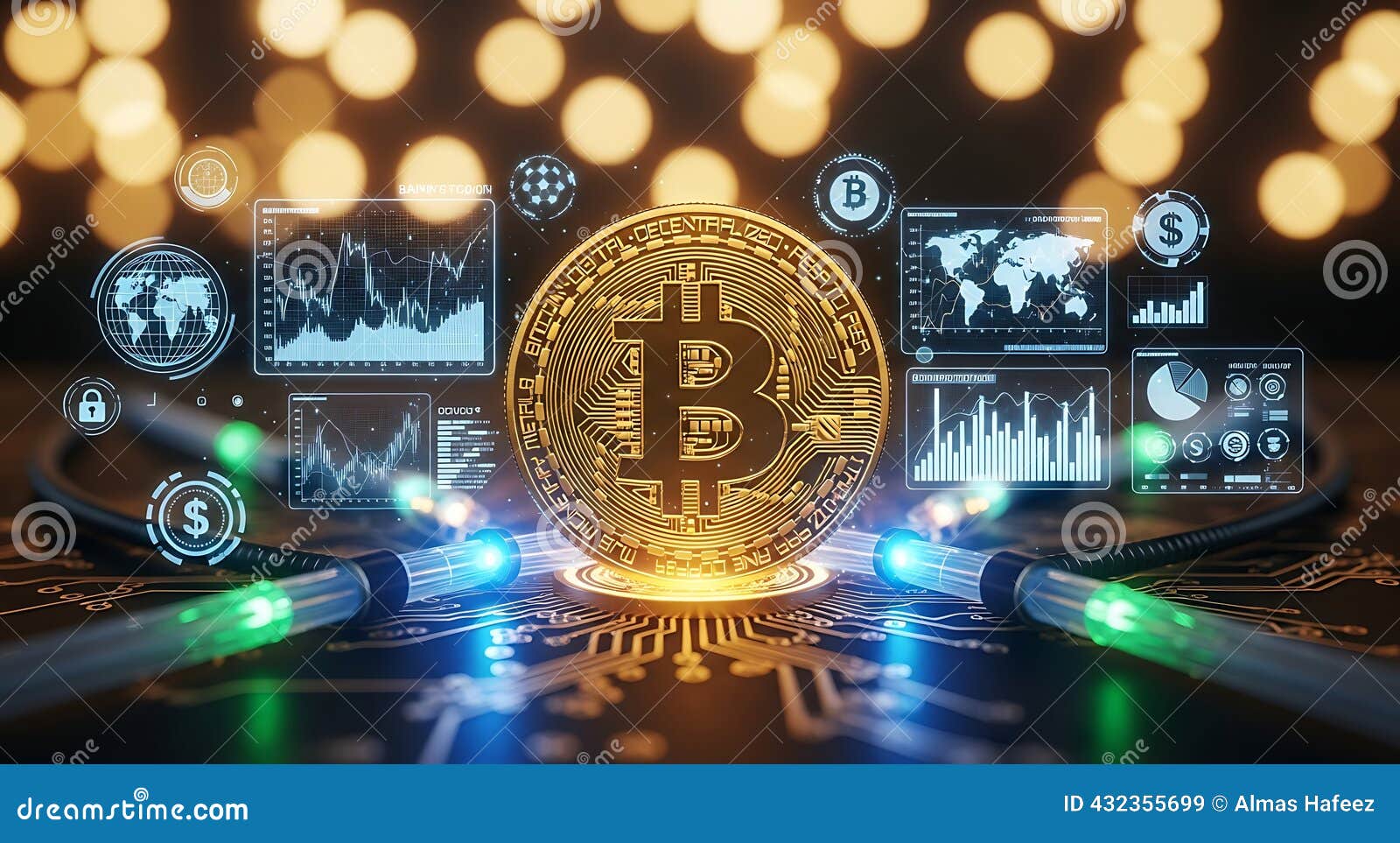 Bitcoin, Blockchain, and Global Data Network Stock Illustration -  Illustration of fiber, cryptocurrency: 432355699