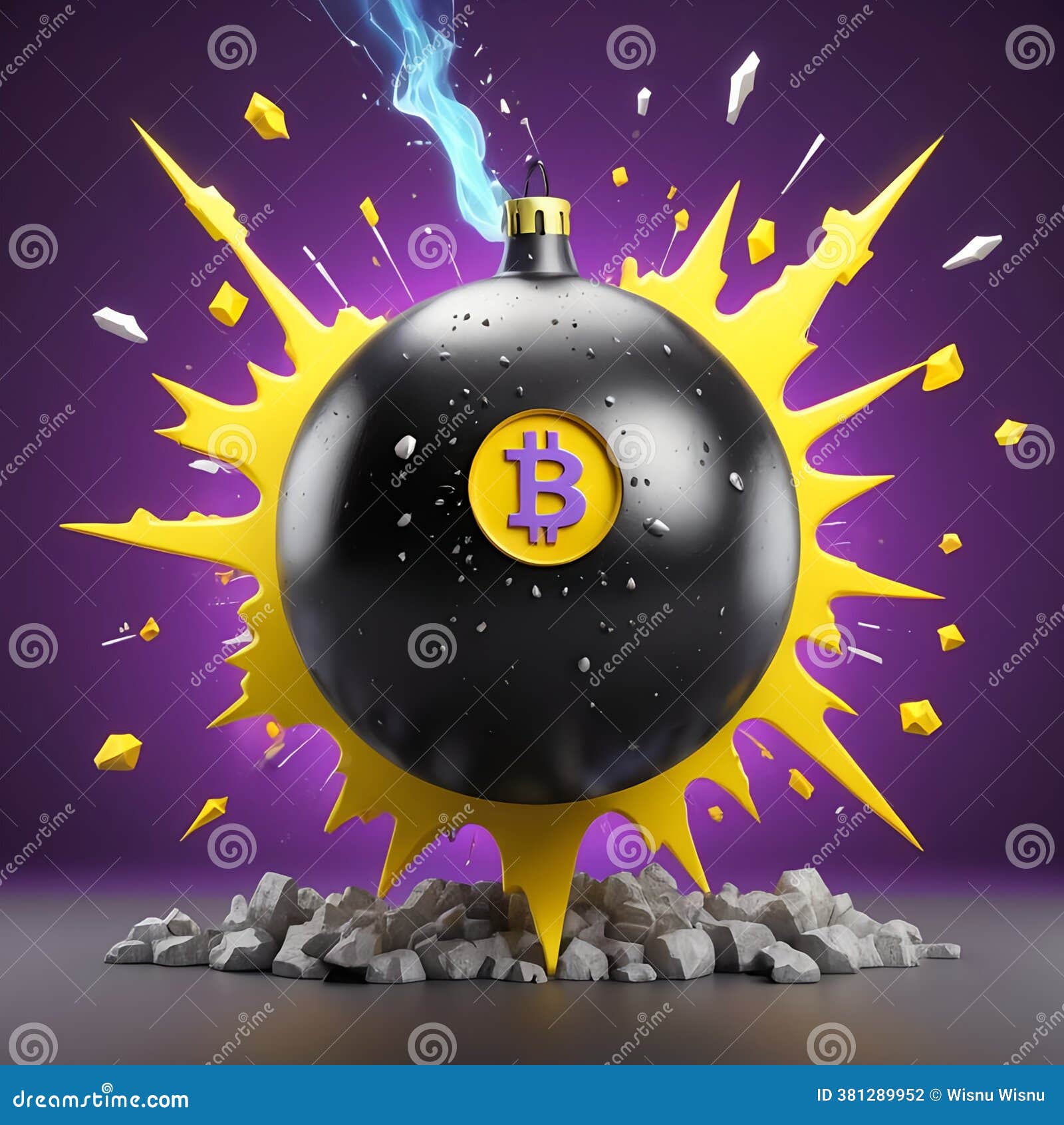 Bitcoin Bomb Explosion with Yellow Burst and Rocks Stock Illustration -  Illustration of shape, studio: 381289952