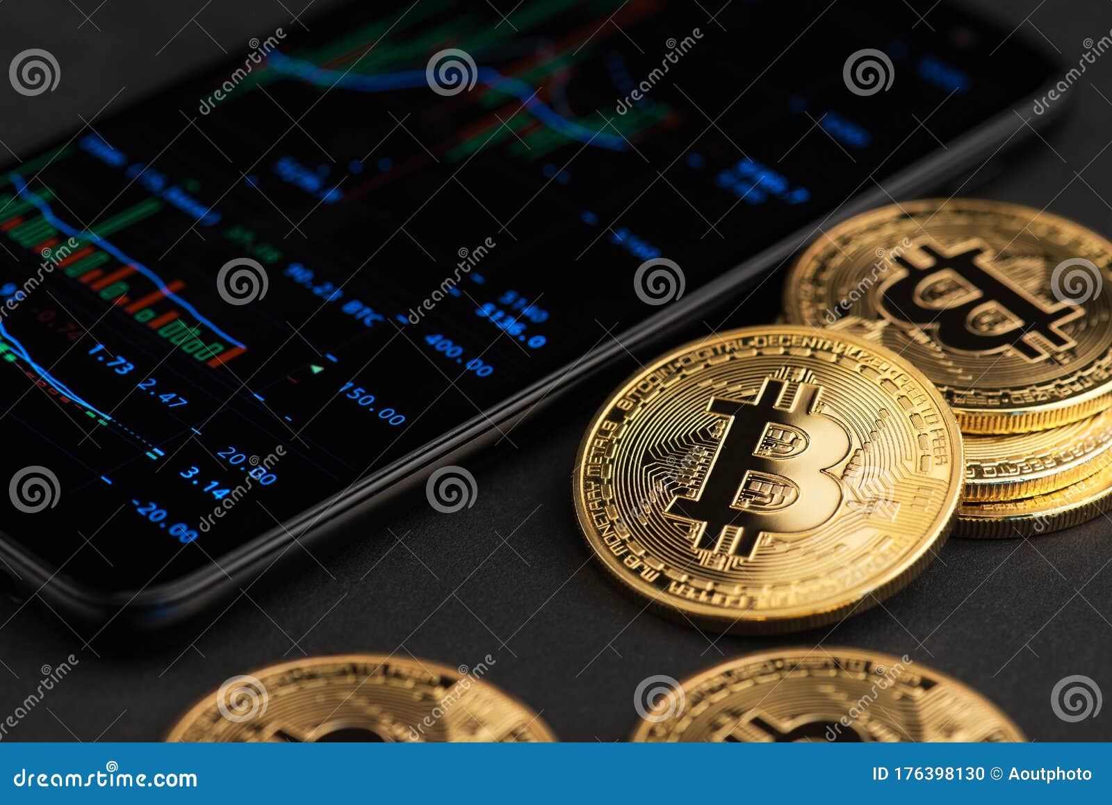 bitcoin btc cryptocurrency coins virtual money next to mobile phone. btc vs usd stock exchange