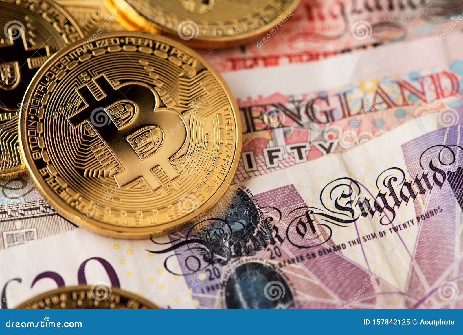 Bitcoin BTC Cryptocurrency Coins on United Kingdom Pound Sterling