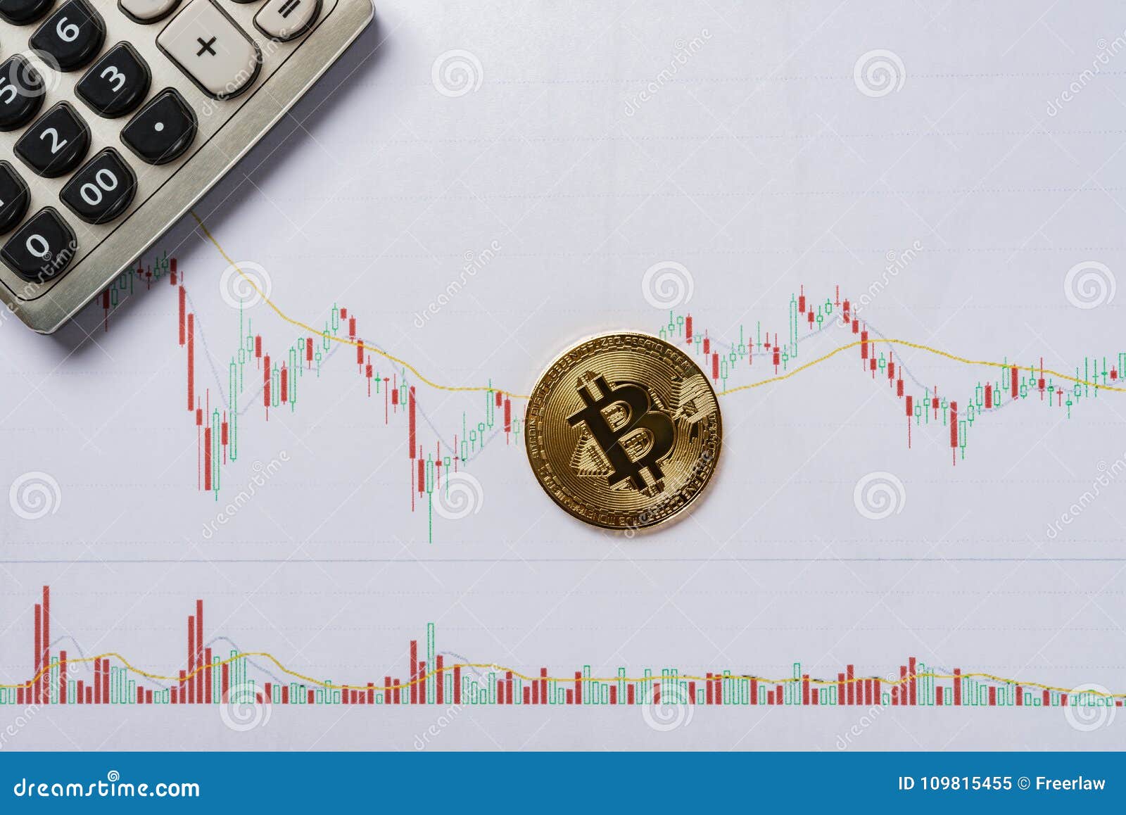 Bitcoin and Caculator on a Candlestick Charts Chart Stock Image Image