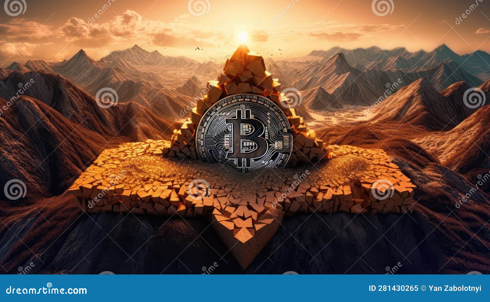 Bitcoin Carved into a Triangular Mountain Sunset. Generative AI Stock Image  - Image of innovation, mountain: 281430265
