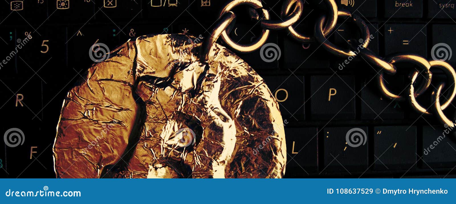 bitcoin chain header. real coin of crypto currency joined by metal chain is on a computer keyboard