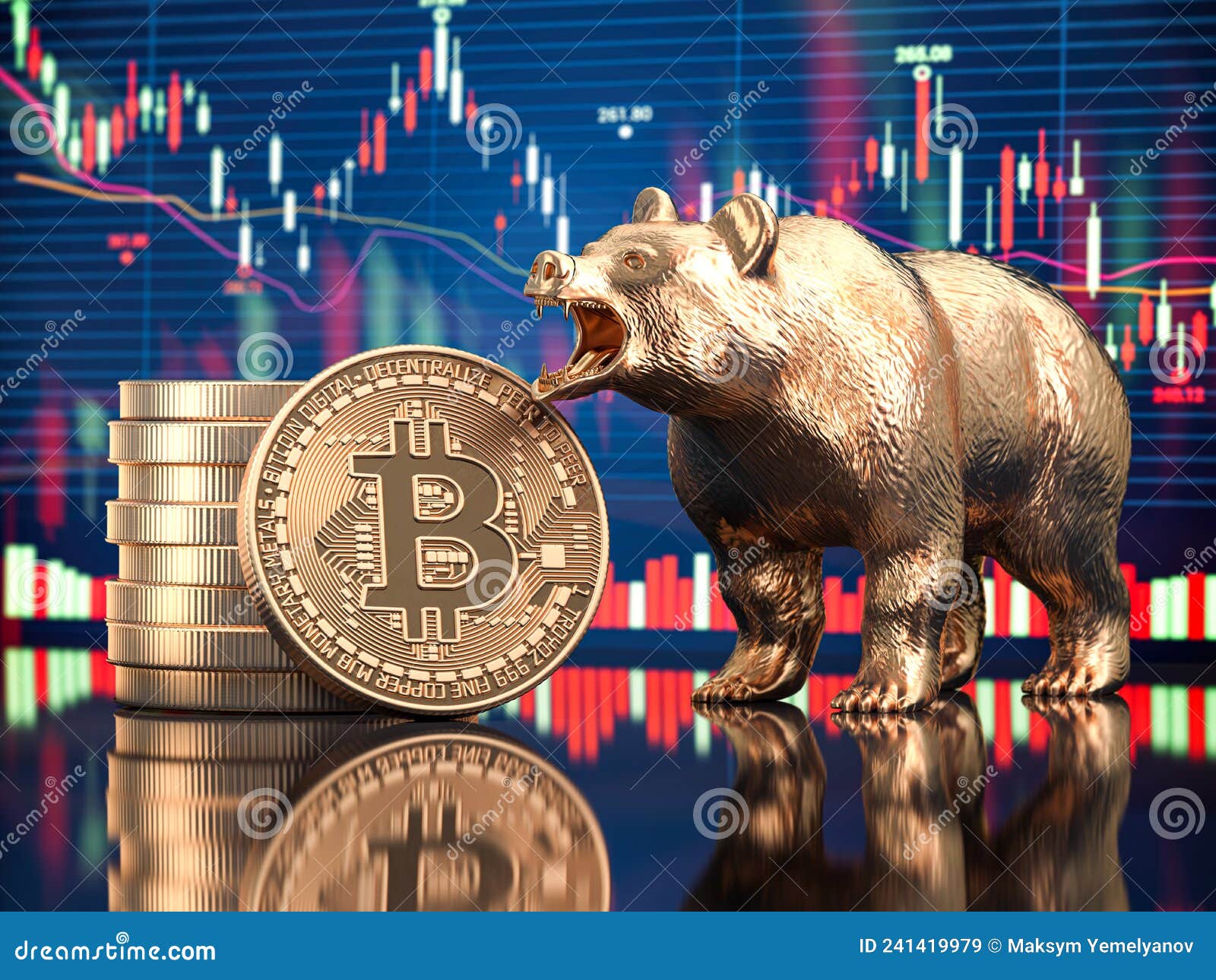 bitcoin coin with bear and stock chart. bearish market crash of btc