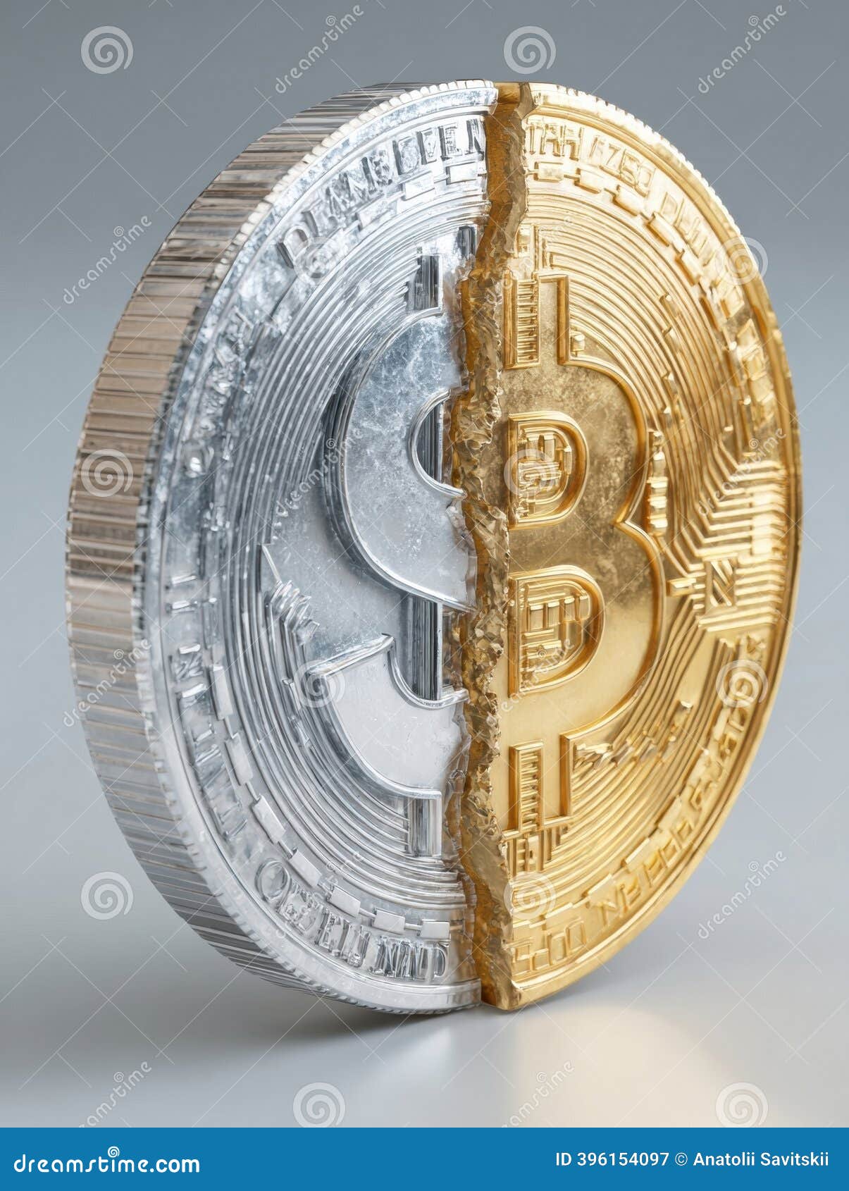 Bitcoin Coin Split into Two Halves, One Side Gold and the Other Silver,  Showcasing the Dual Nature of Cryptocurrency in Stock Image - Image of  currency, technology: 396154097