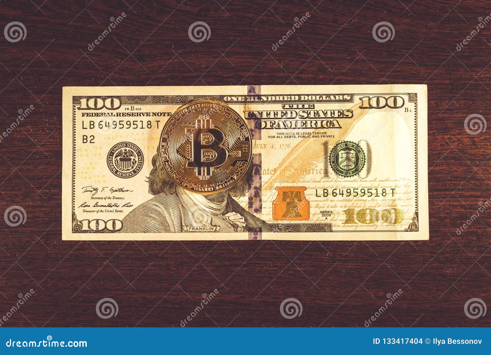 Bitcoin Coin Lies on a 100 Banknote on the Table Stock Photo - Image of  business, bill: 133417404