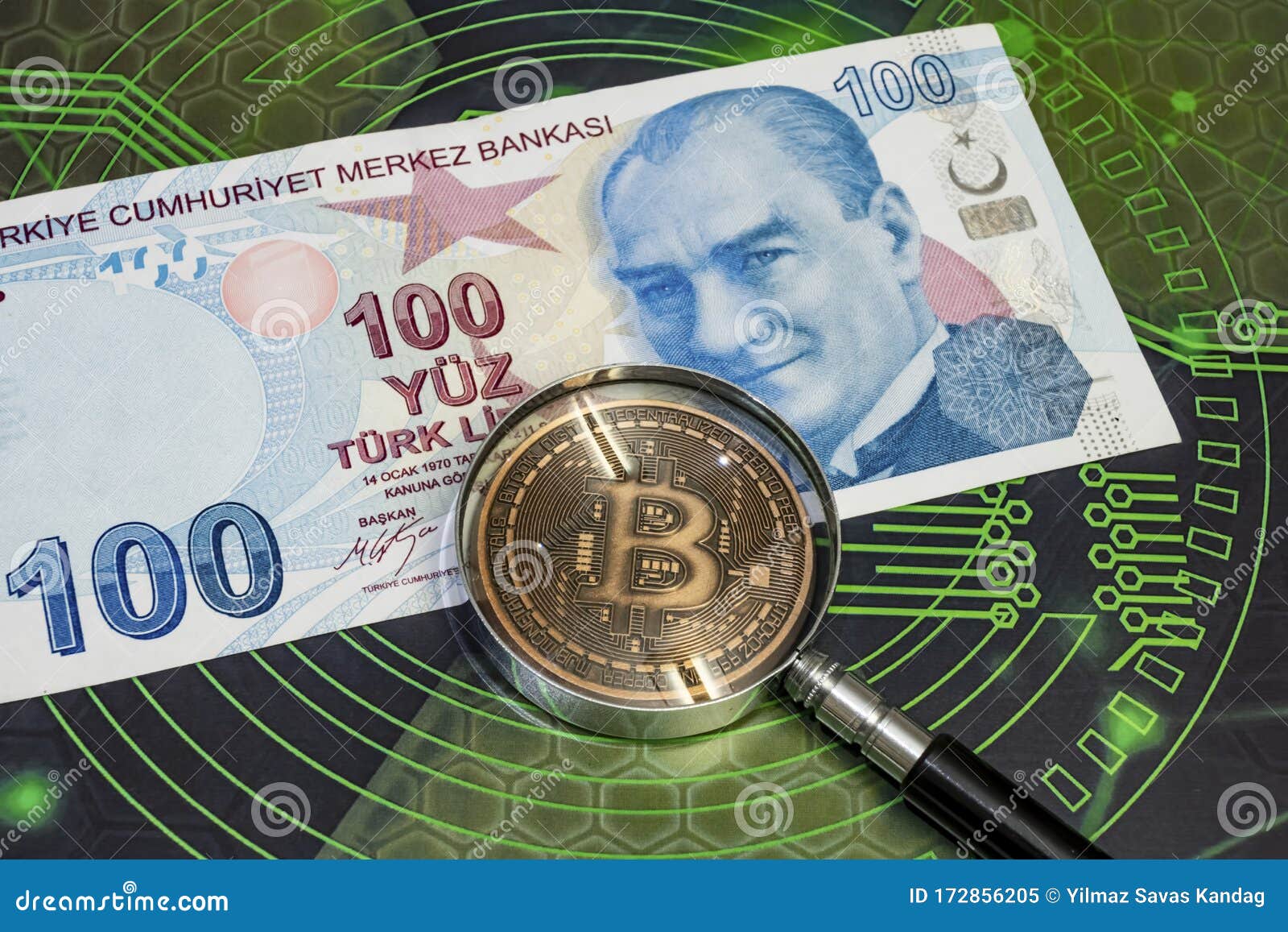 Bitcoin Coin And Magnifying Glass With Turkish Lira ...