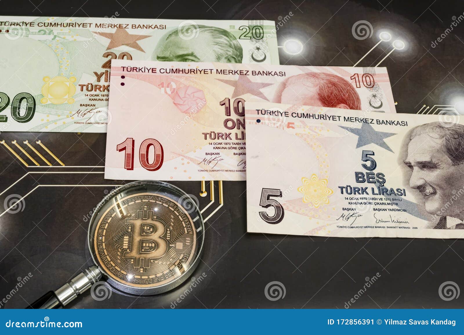 Bitcoin Coin And Magnifying Glass With Turkish Lira ...