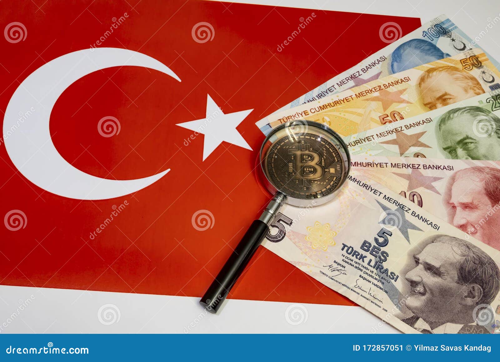 Bitcoin Coin And Magnifying Glass With Turkish Lira ...