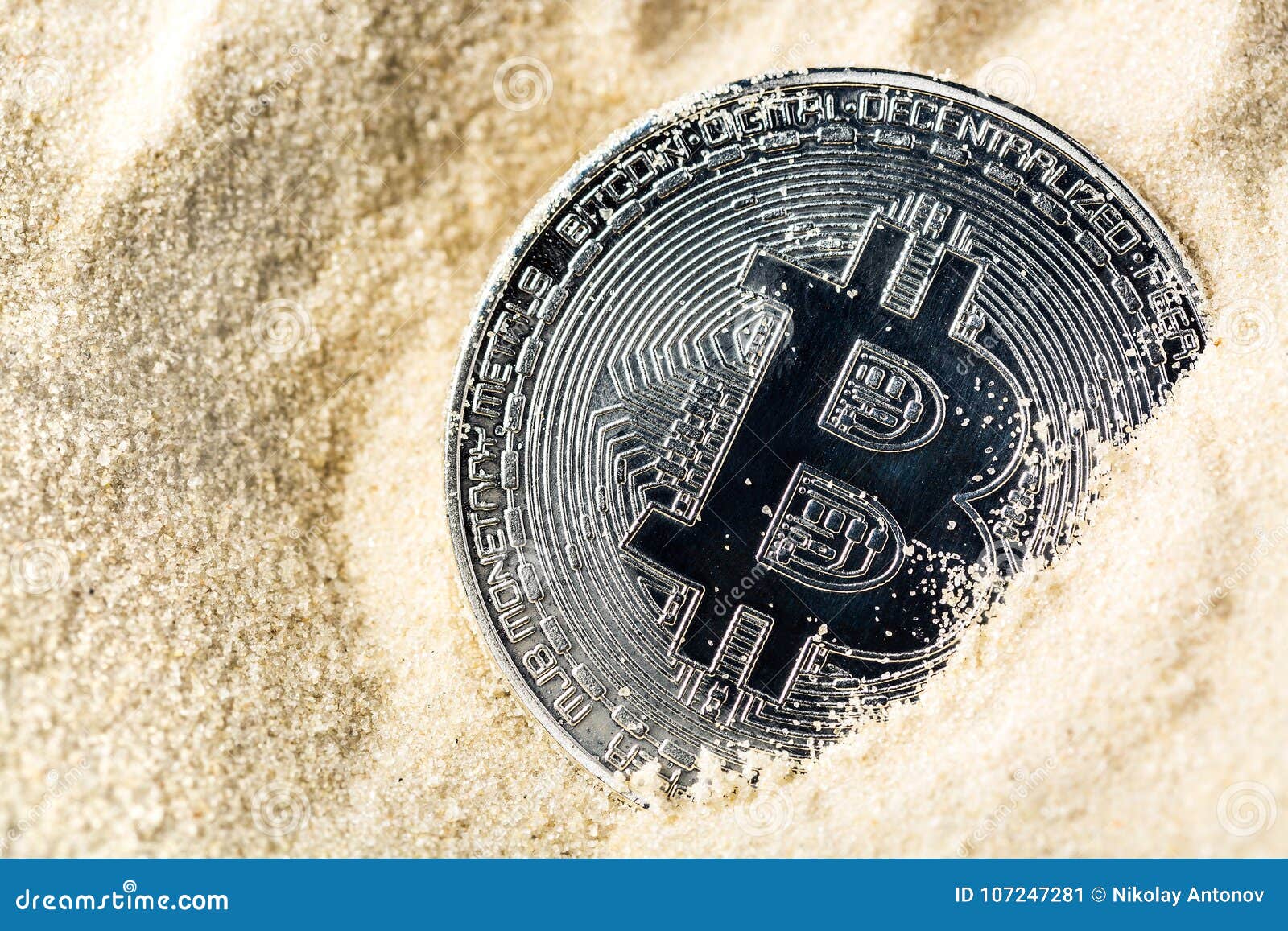 Bitcoin Coin Sinking In The Sand. Close Up Image. Crypto ...
