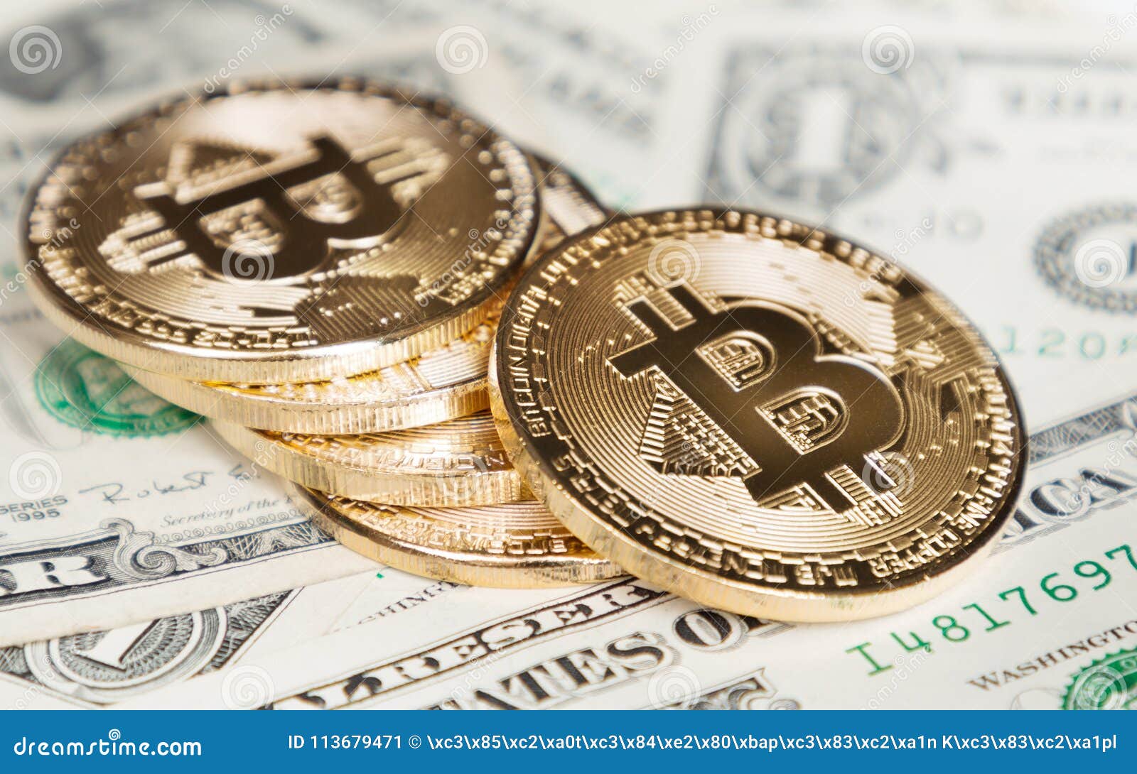 Bitcoin coins on dollar stock image. Image of exchange - 113679471
