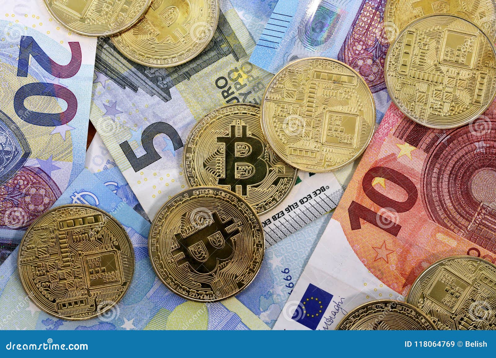 Bitcoin Coins EU Euro Banknotes Stock Image - Image of internet, block: 118064769