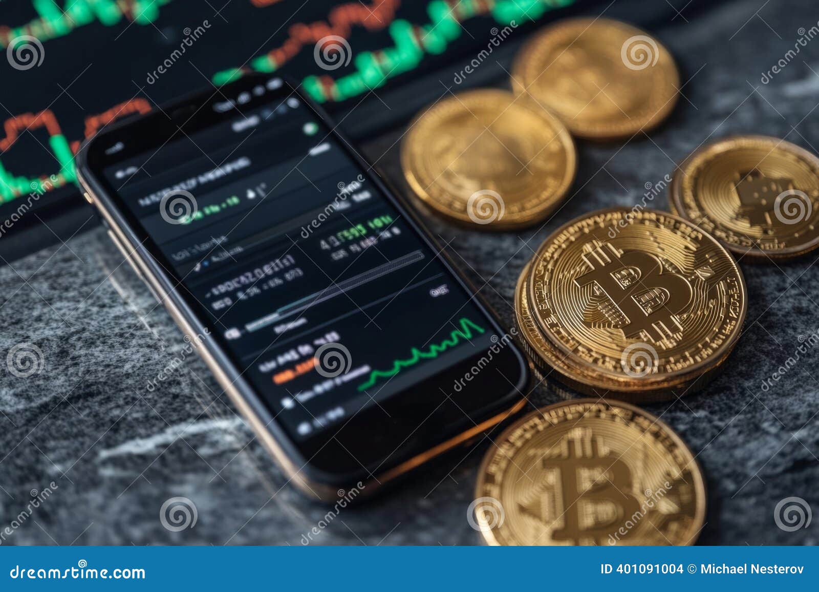 Bitcoin Coins Lying on a Table Next To a Smartphone Displaying Cryptocurrency  Exchange Data and Charts Stock Photo - Image of fintech, cryptocurrency:  401091004