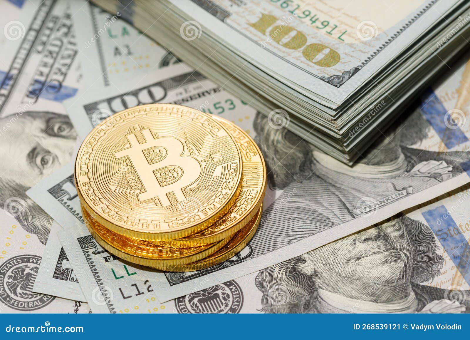Bitcoin Coins Next To a Pack of American Dollars Stock Image - Image of  trade, risk: 268539121