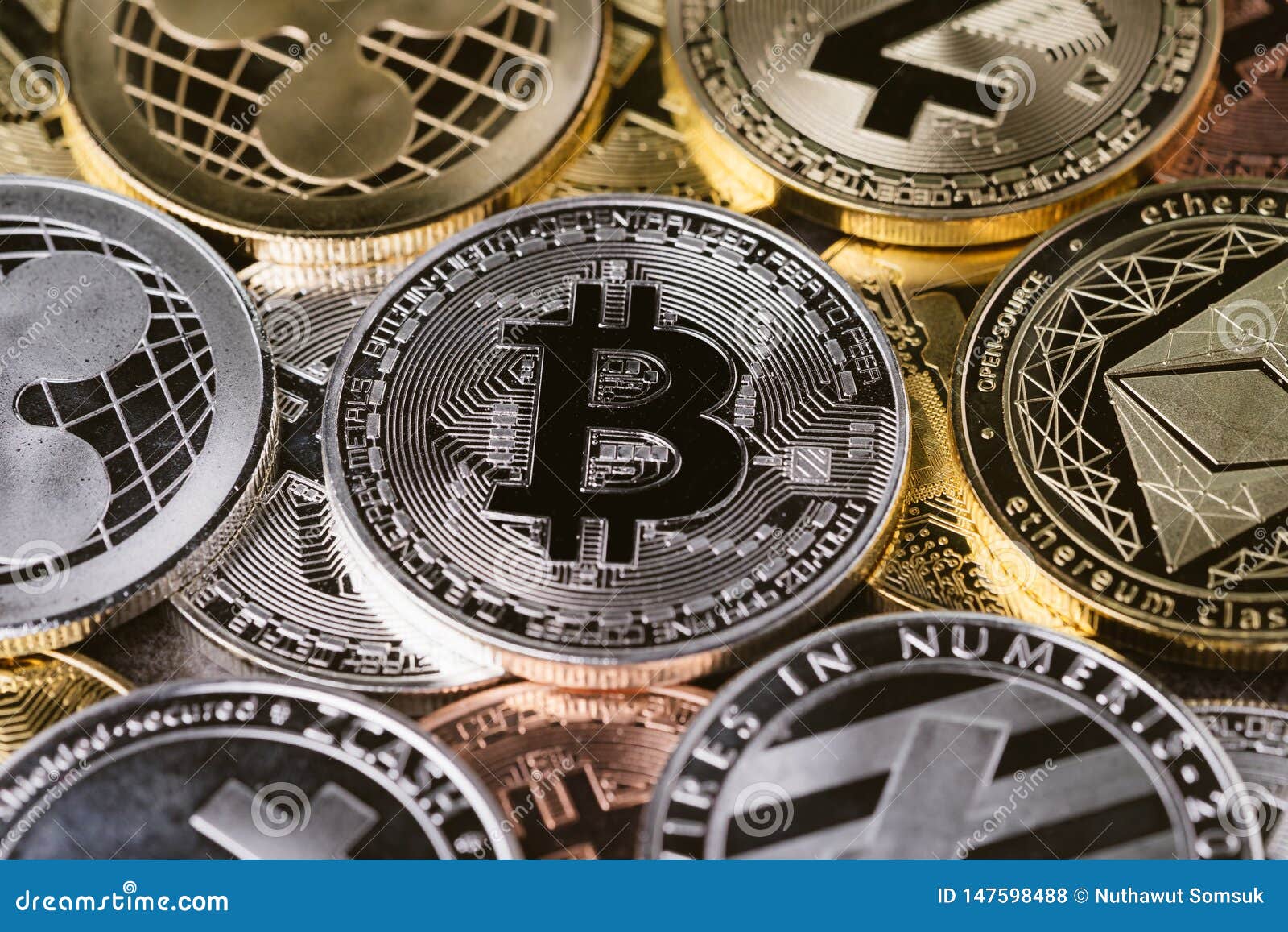 Bitcoin Crypto Currency Coins With Various Of Shiny Silver And Golden Physical Cryptocurrencies Symbol Using Decentralized Block Stock Photo Image Of Gold Internet 147598488