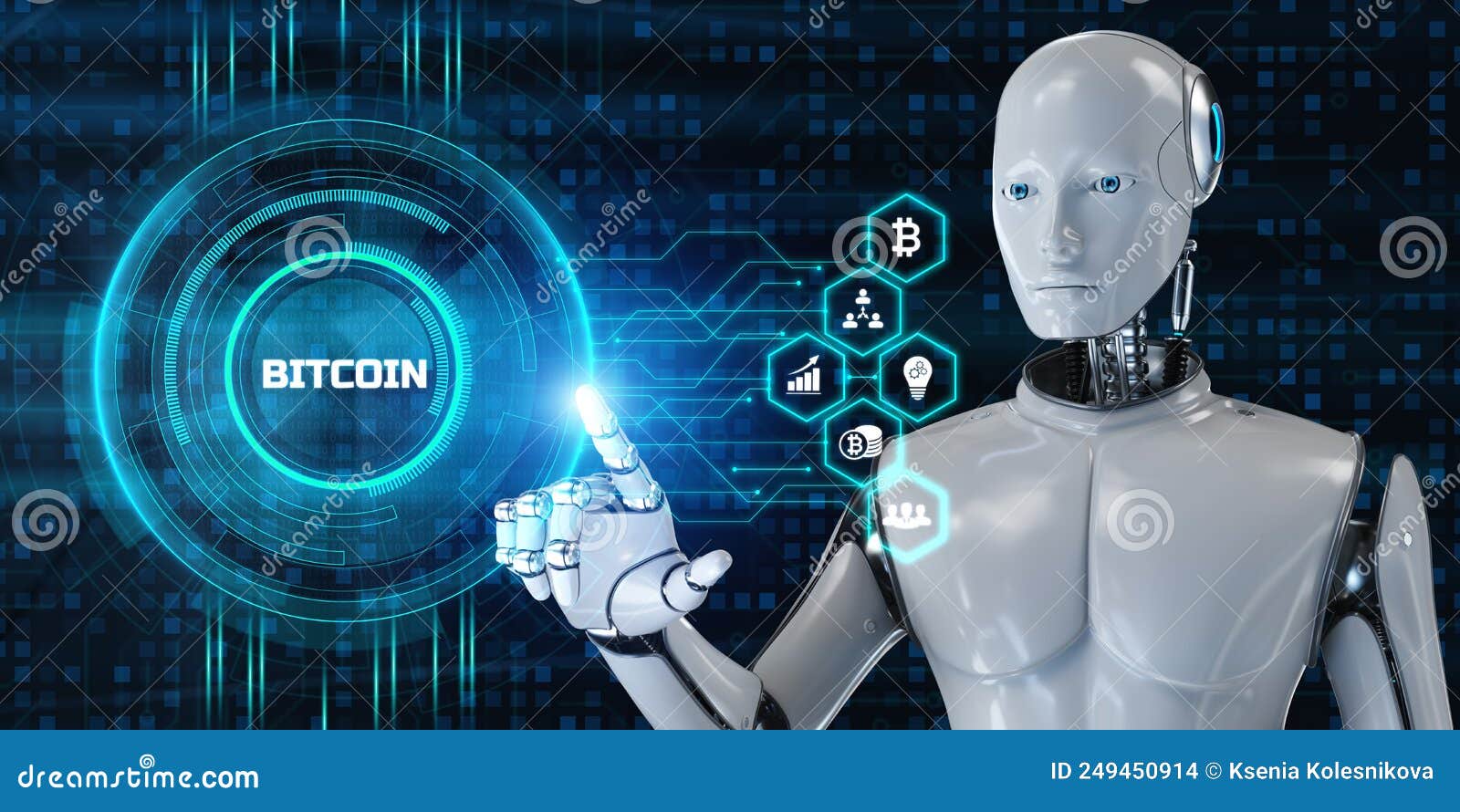 Bitcoin Cryptocurrency BTC Trading. Robot Pressing Button on Screen 3d  Render Stock Illustration - Illustration of digital, business: 249450914