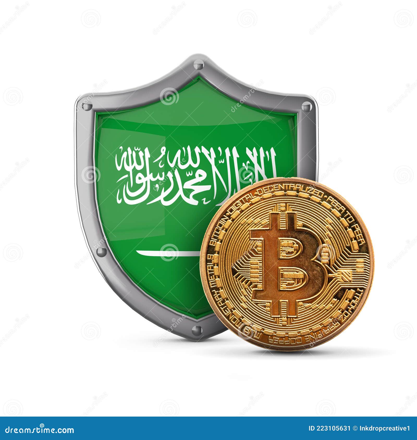 Bitcoin Cryptocurrency Coin in Front of a Saudi Arabia Flag Shield. 3D