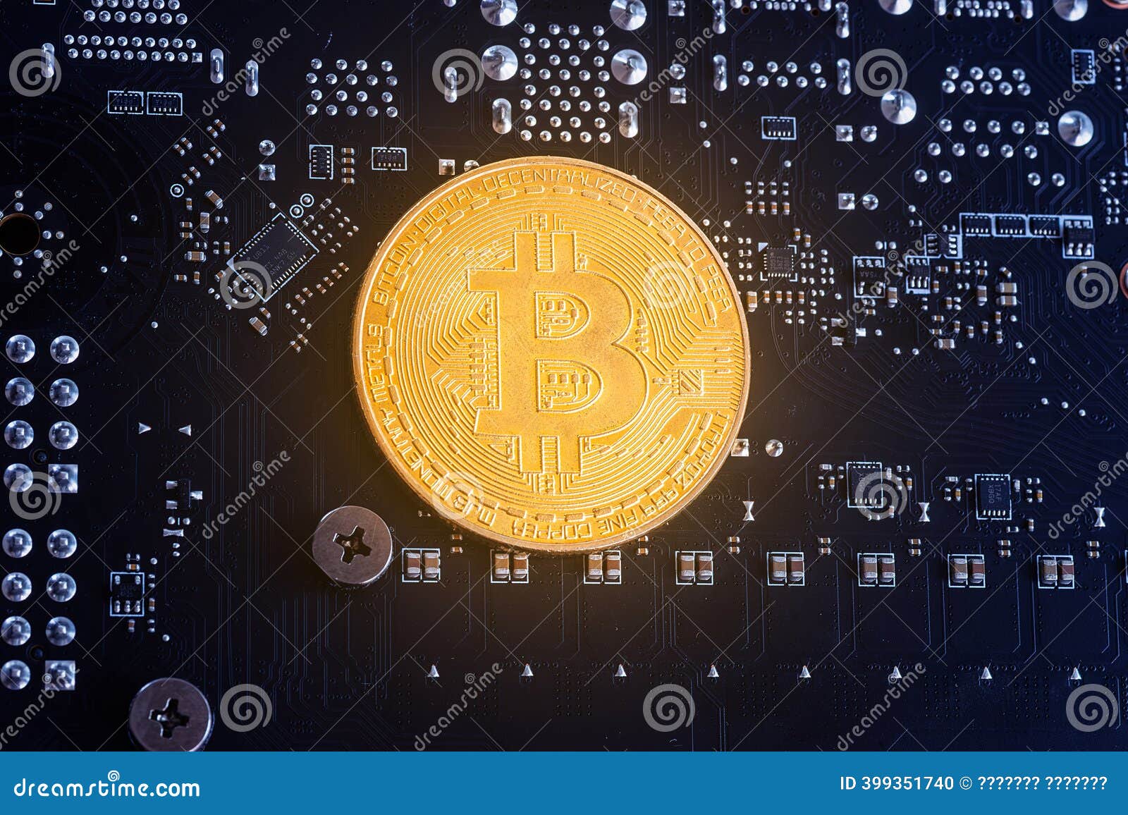 Cryptocurrency Bitcoin on the Motherboard. Gold Coin. Virtual Currency  Stock Photo - Image of currency, crypto: 399351740
