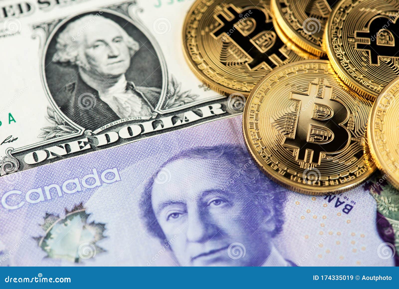 Bitcoin Cryptocurrency Coins BTC On US And Canadian Dollar ...