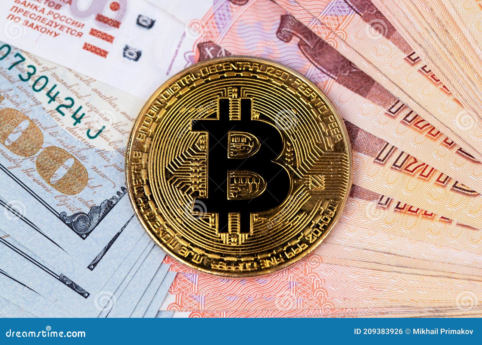 Bitcoin Crypto Currency Coin Virtual Money Russian Rubles Dollars Banknotes  Stock Photos - Free & Royalty-Free Stock Photos from Dreamstime