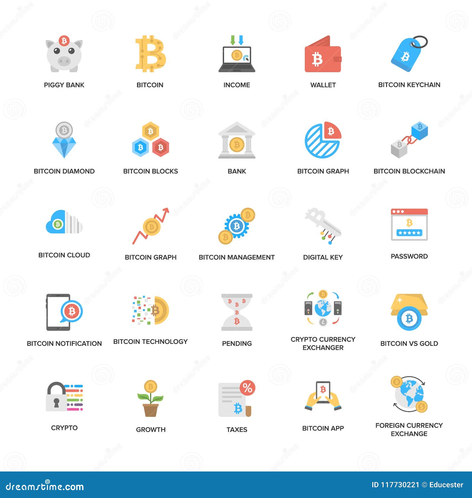 Bitcoin and Cryptocurrency Flat Icons Pack Stock Illustration -  Illustration of digital, graph: 117730221