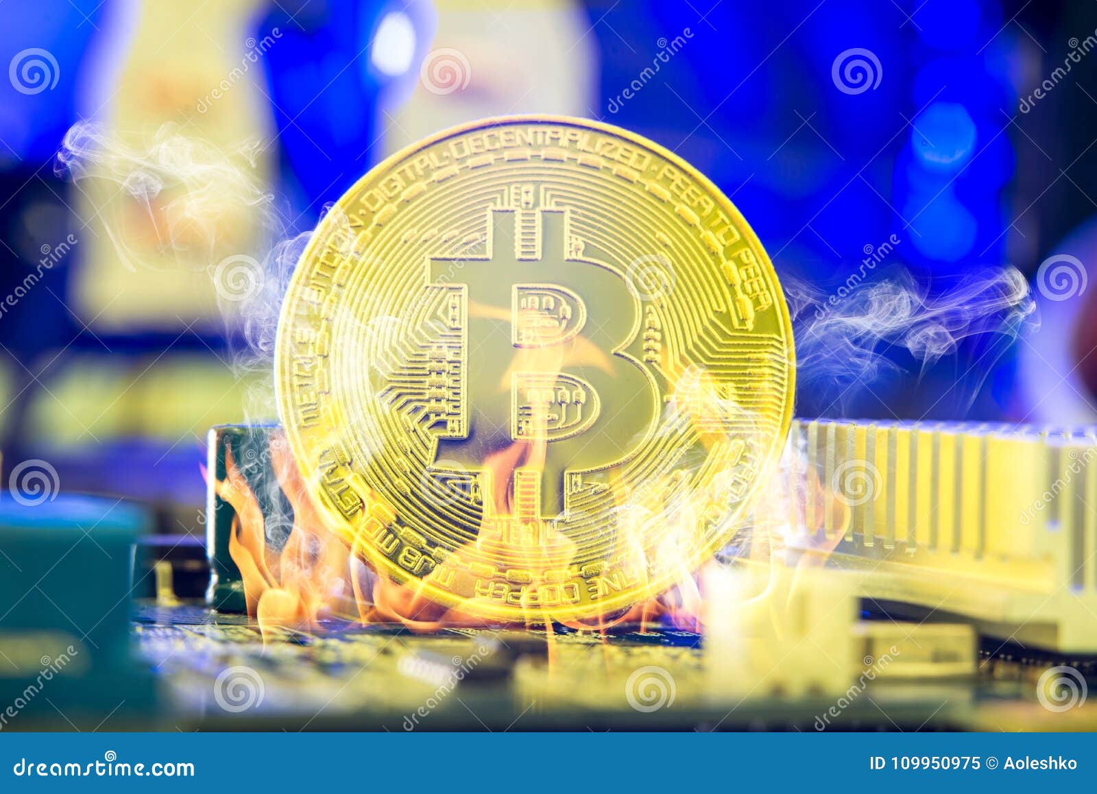 bitcoin cryptocurrency in the form of a coin burns on fire on a microchip. concept of death blockchain