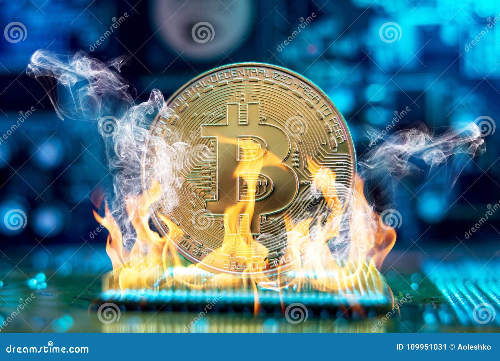 Bitcoin Cryptocurrency in the Form of a Coin Burns on Fire on a Microchip.  Concept of Death Blockchain Stock Image - Image of loss, business: 109951031