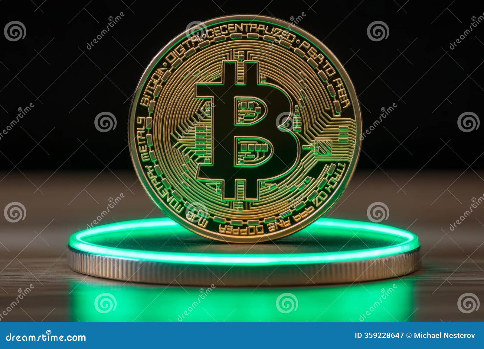 Bitcoin Cryptocurrency Rotating Over a Green Neon Light Circle on a Wooden  Table Stock Image - Image of blockchain, business: 359228647