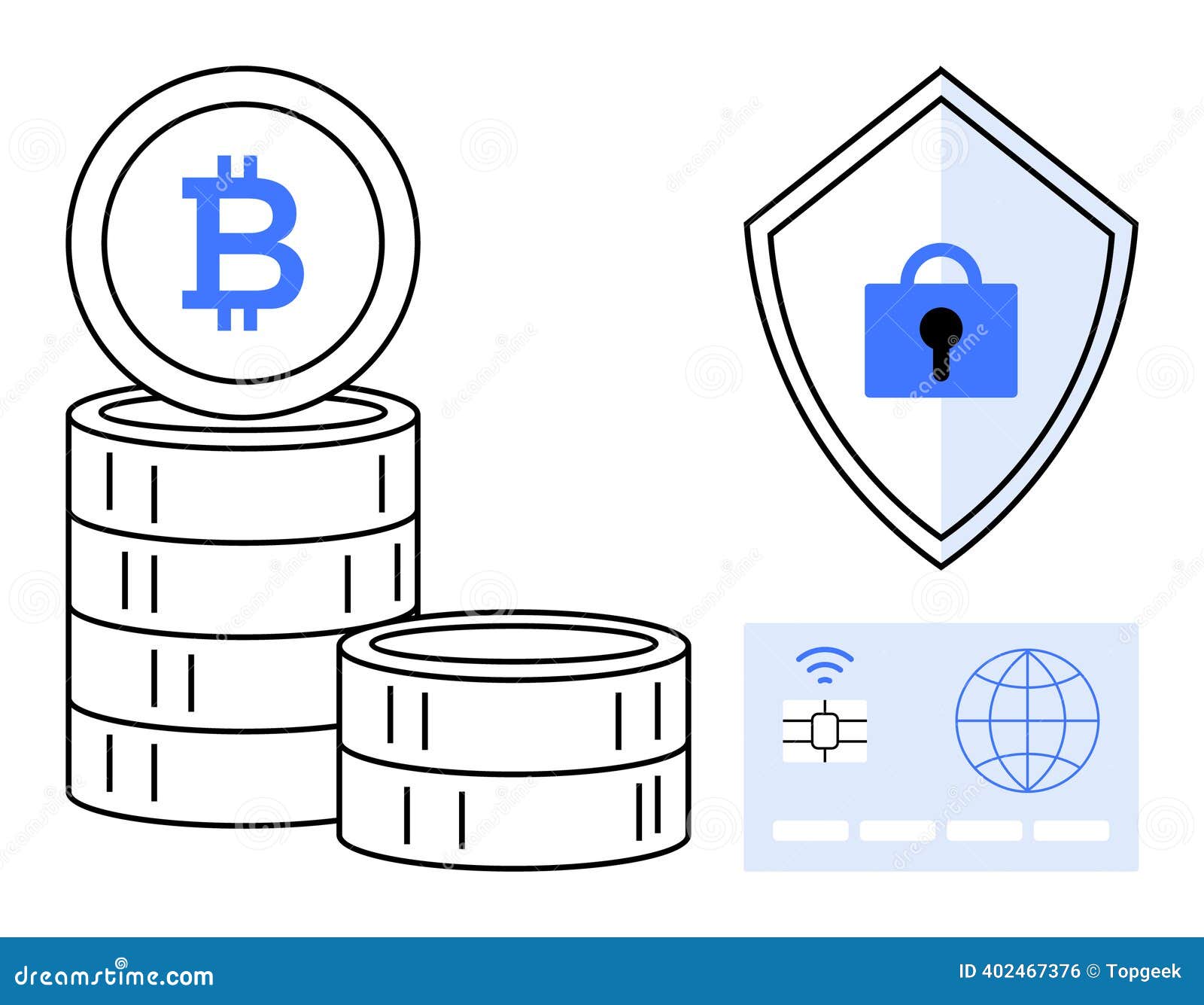 Bitcoin Cryptocurrency Security Concept with Stacked Coins, Shield, and  Digital Card Symbol Stock Vector - Illustration of digital, cryptocurrency:  402467376