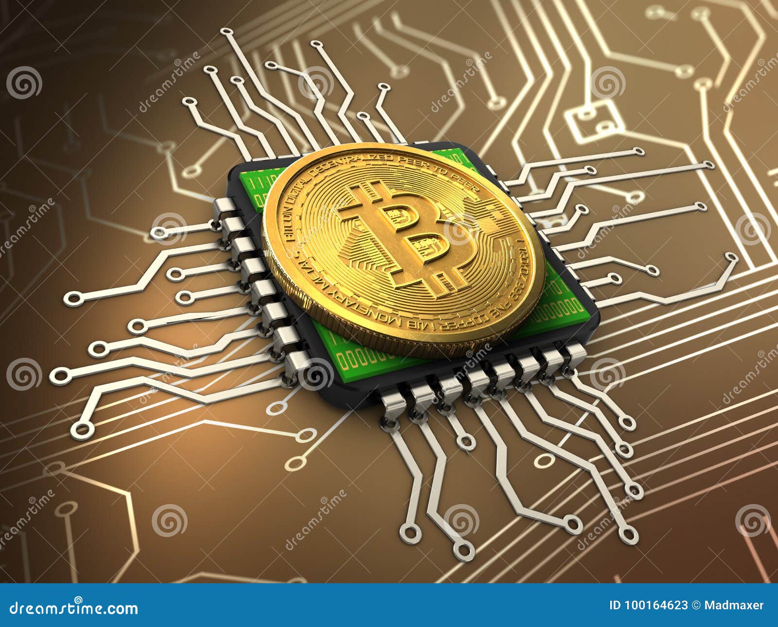 Bitcoin 3d med CPU. Illustration 3d av bitcoin över strömkretsbakgrund med CPU