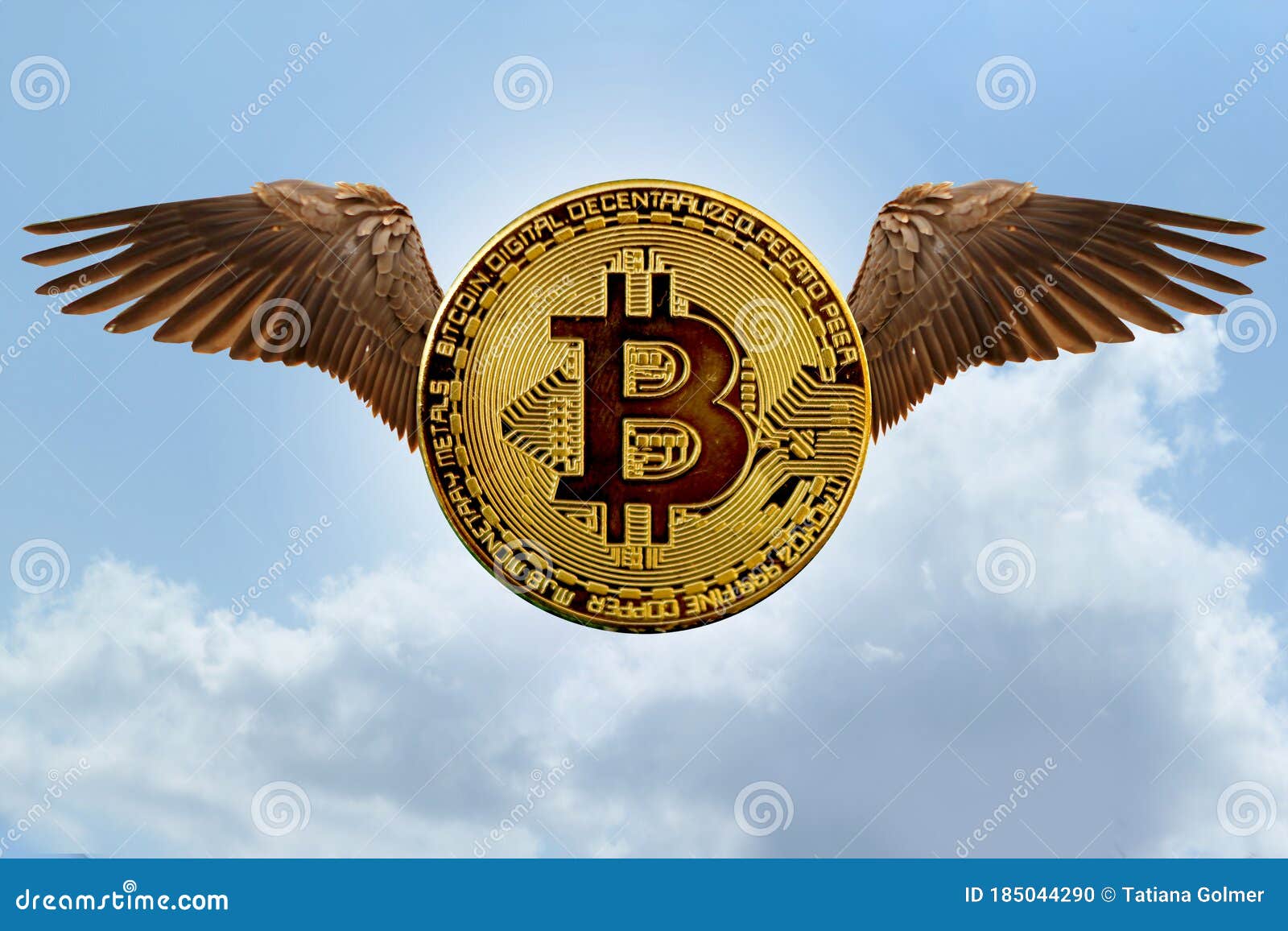 Bitcoin E-cryptocurrency with Angel Wings Flies in a Blue Sky with Clouds,  the Concept of Rise and Fall of the Course Stock Photo - Image of broken,  analyst: 185044290