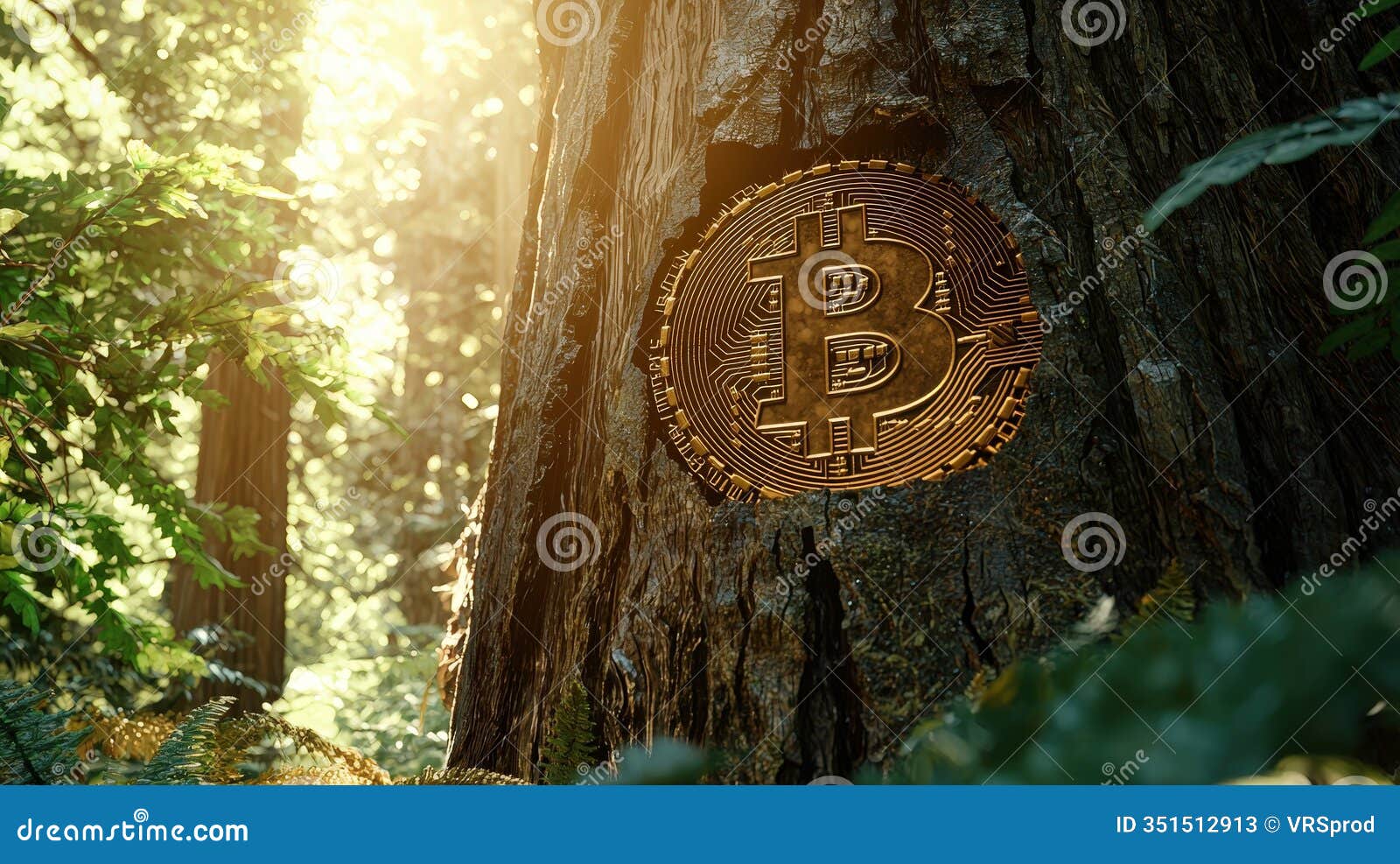bitcoin emblem engraved in tree bark in a lush forest