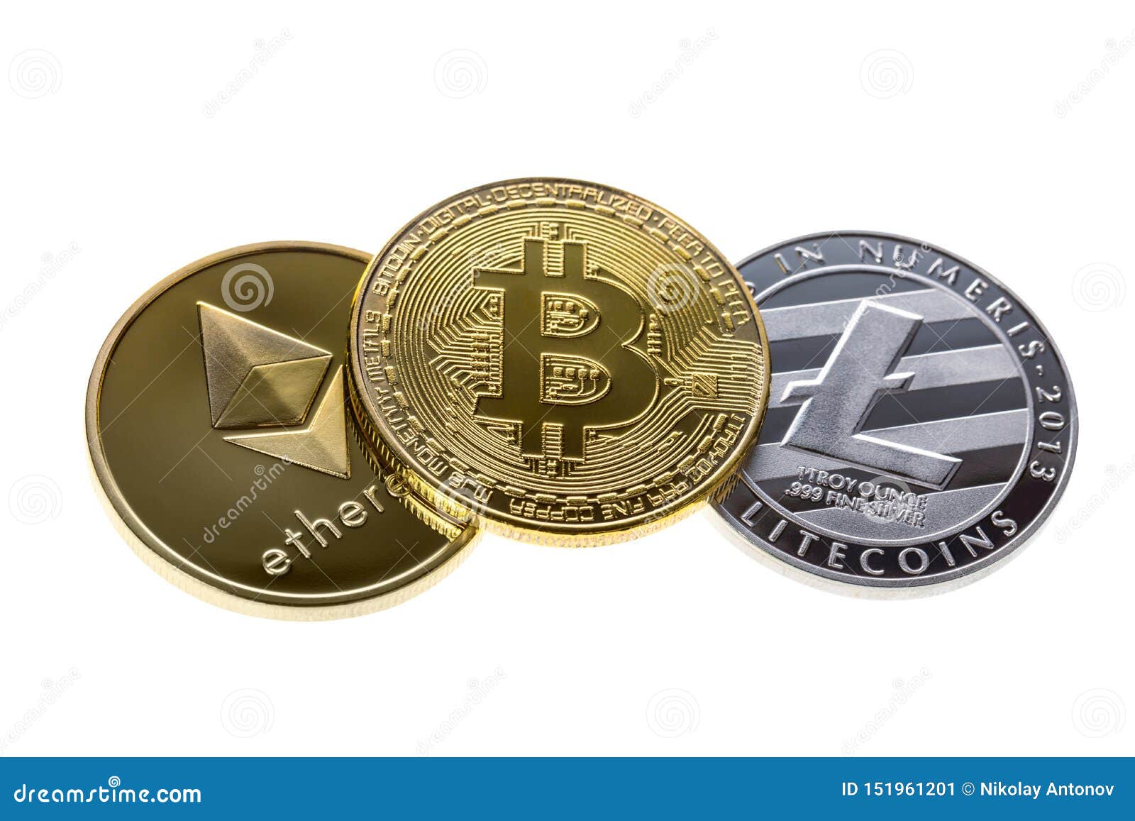 Bitcoin, Ethereum and Litecoin Coins Isolated on White Background. Close Up  with Selective Focus Editorial Photo - Image of dollar, exchange: 151961201
