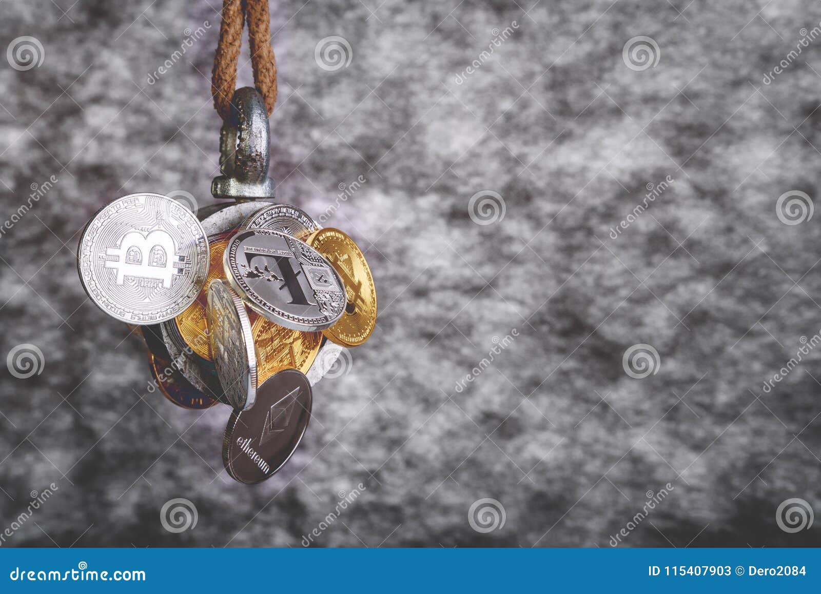 Bitcoin Ethereum Litecoin Silver And Gold Coins Are Caught By Magnet, Abstract Background ...