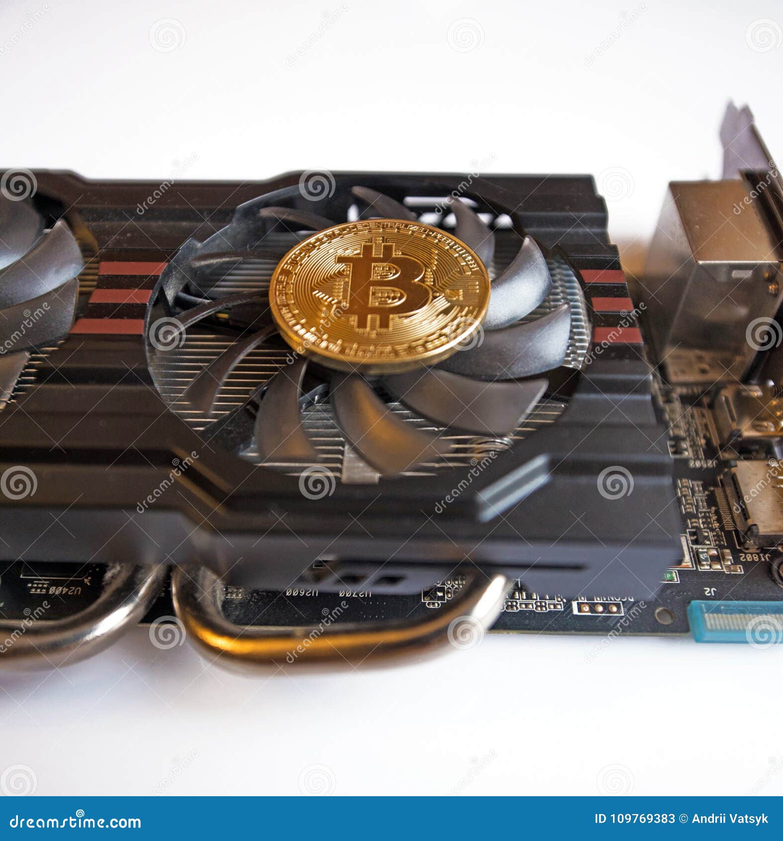 Bitcoin on the Fan of a Computer Graphics Card Mining Concept Stock