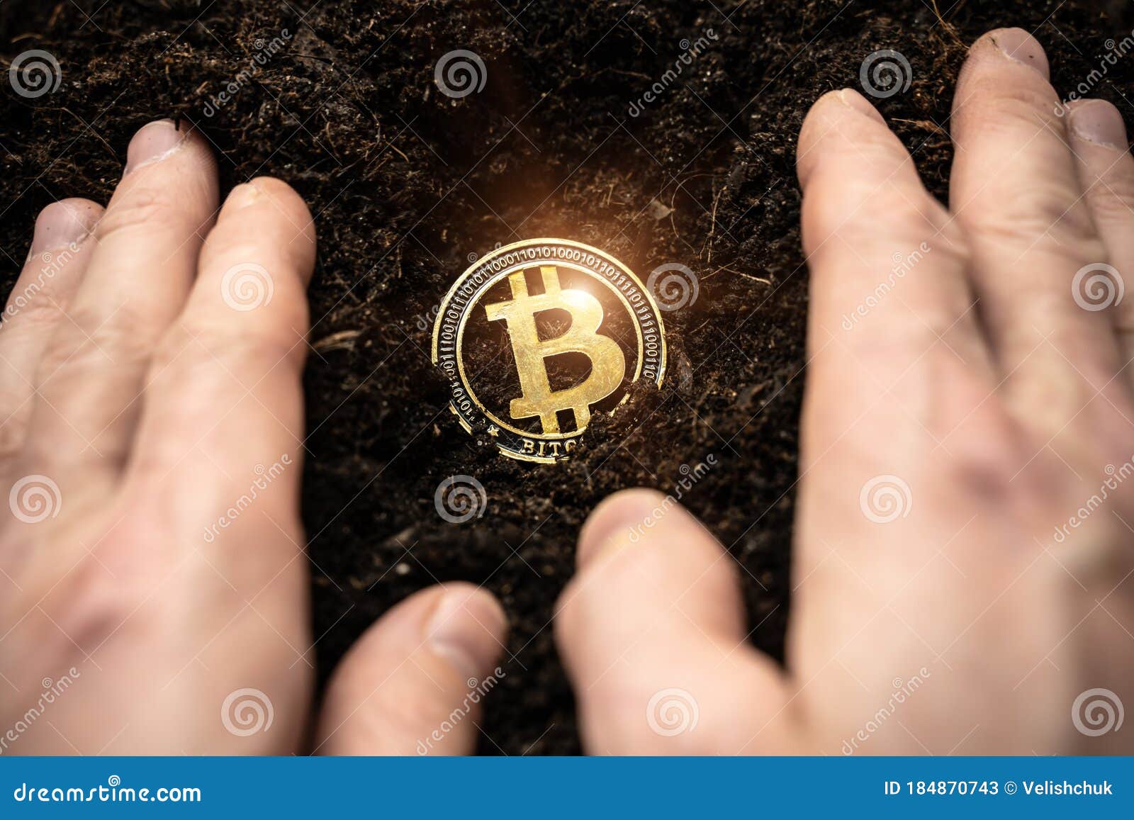 bitcoin hold concept. cryptocurrency stored in the ground - saving . a man digs up hidden bitcoins