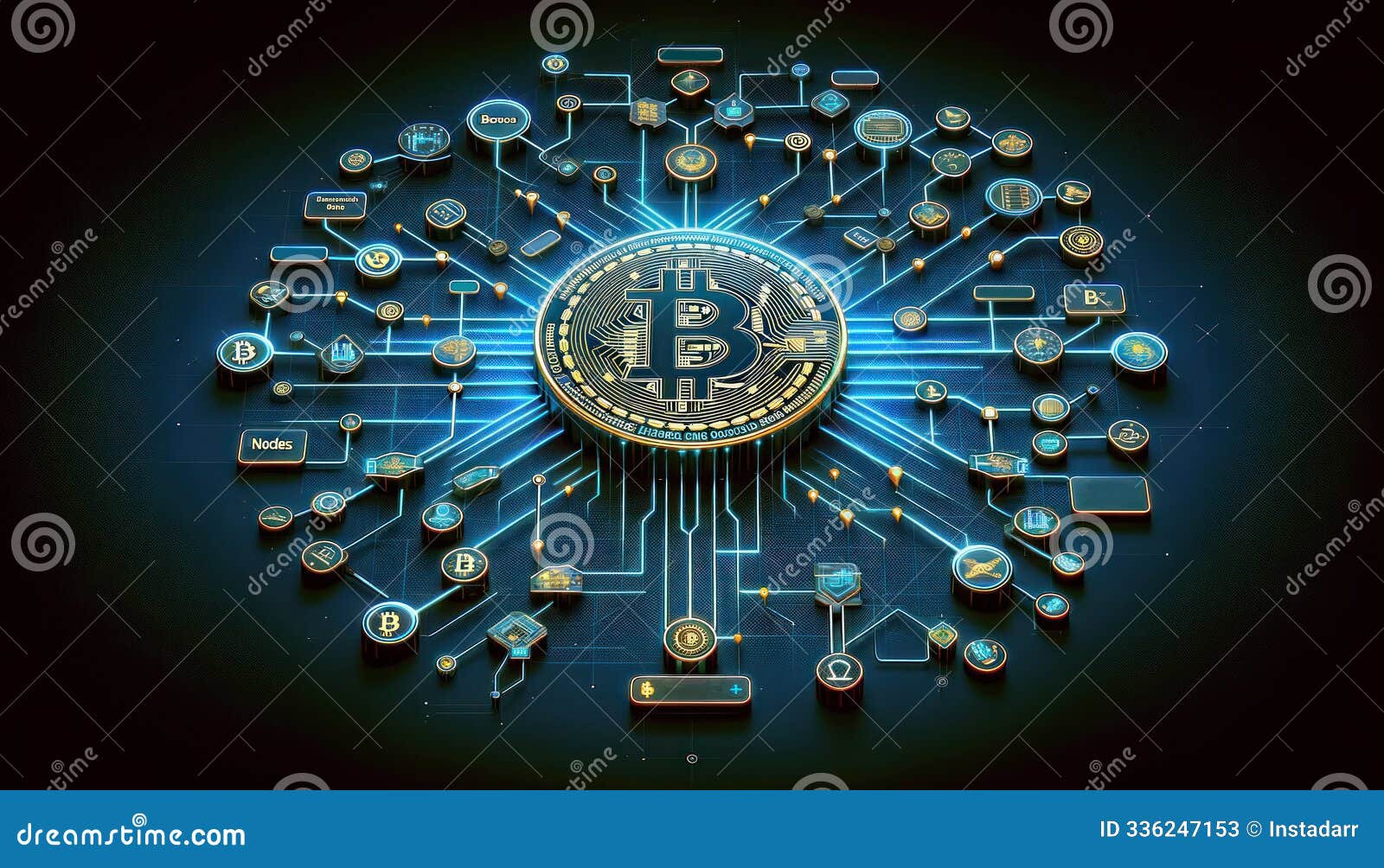 bitcoin hologram style in dark background, btc blockchain network, miner node covered all around the world, digital currency,