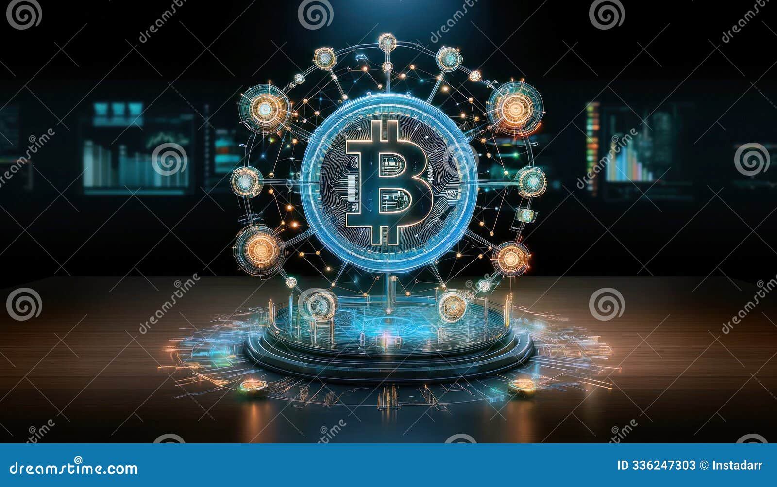 bitcoin hologram style in dark background, btc blockchain network, miner node covered all around the world, digital currency,