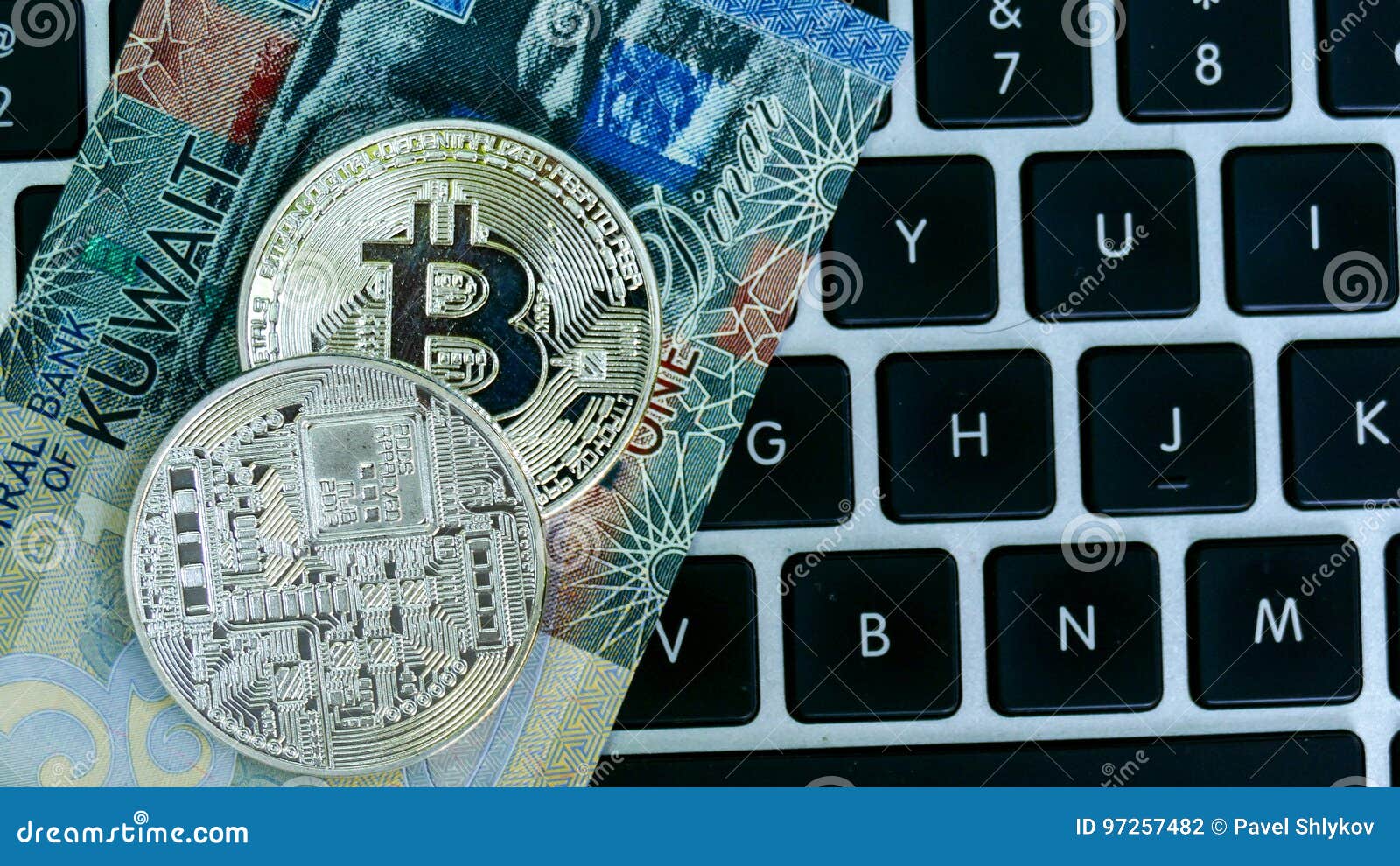 Bitcoin on Kuwait Dinar Banknote Stock Photo Image of computer