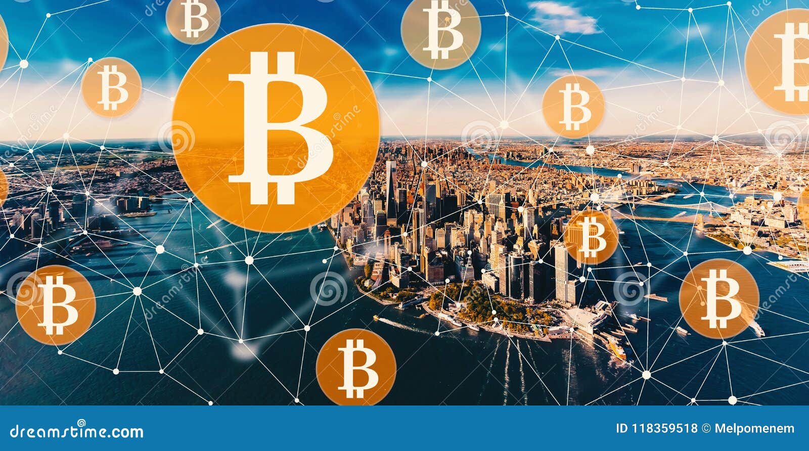 Bitcoin with the Manhattan, NY Stock Photo Image of exchange, architecture 118359518