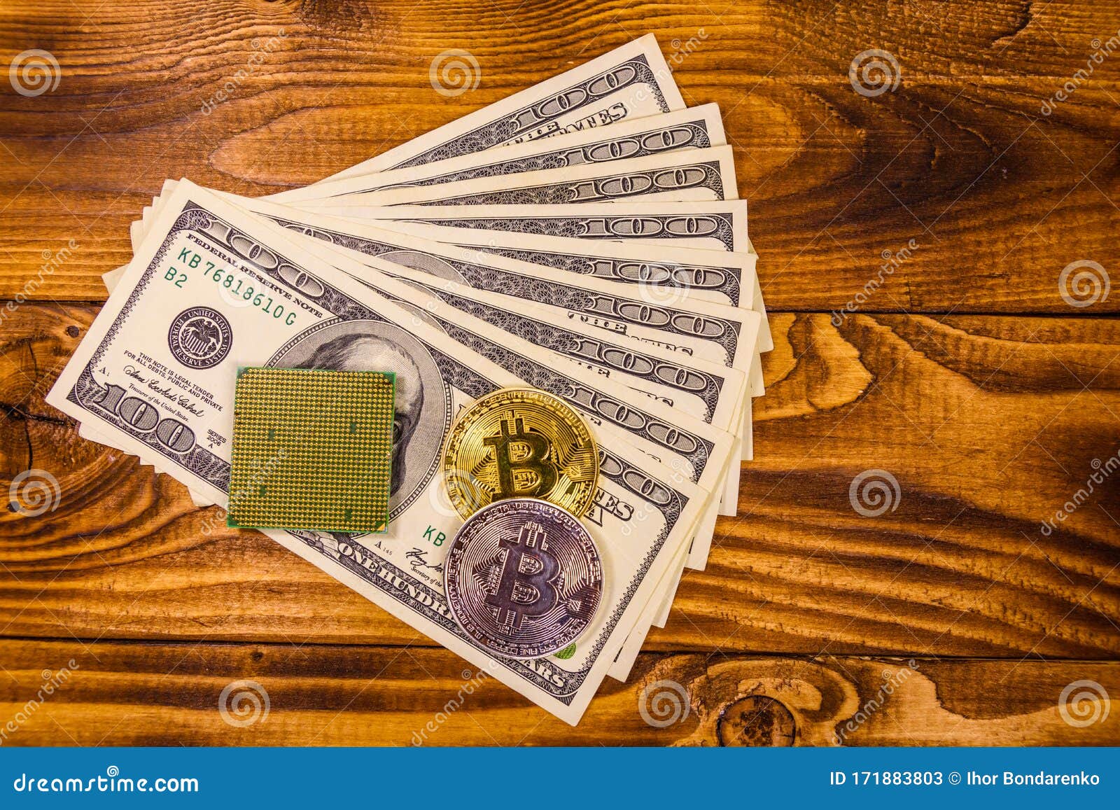 Bitcoin, Microprocessor and One Hundred Dollar Bills on Wooden Table. Top  View Stock Image - Image of investment, financial: 171883803