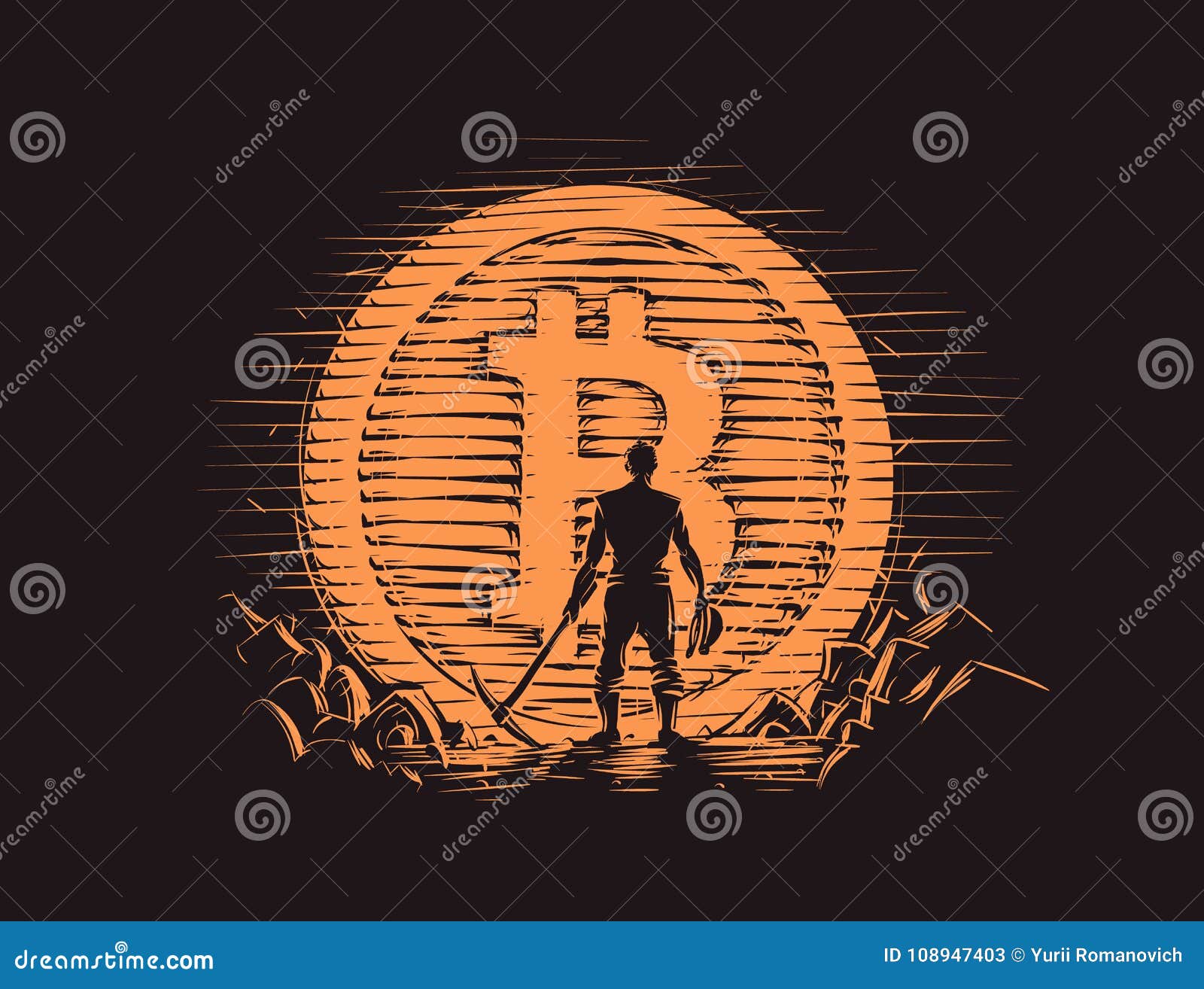 bitcoin miner standing near big bitcoin coin. .