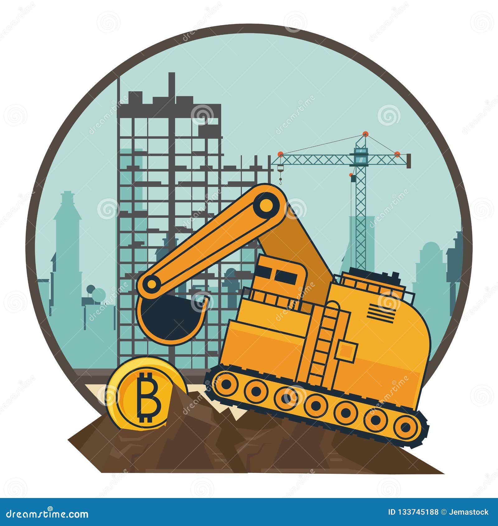 Bitcoin Mining And Backhoe Machinery Vehicle Stock Vector - 