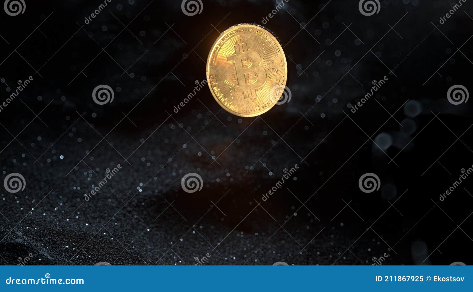 bitcoin mining concept. a gold coin rises and shines from under the thickness of black sand. 3d rendering
